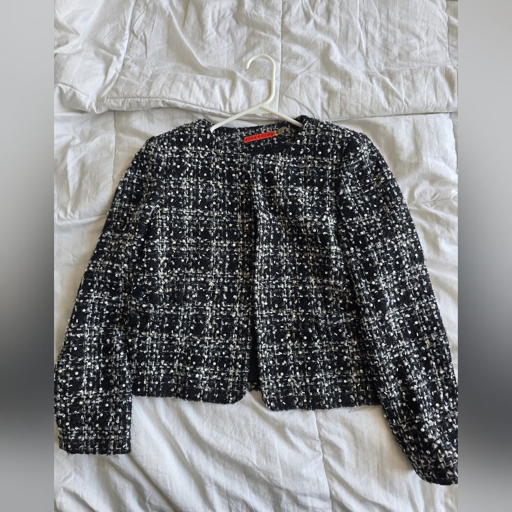 NWT Alice + Olive Black and White Tweed Peals Sequin Jacket Size S - Picture 7 of 10